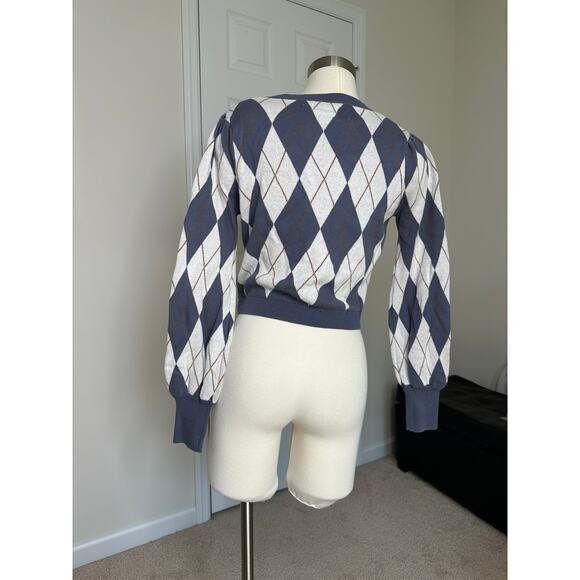 blue/brown argyle cropped button down sweater top, size small - Picture 5 of 6